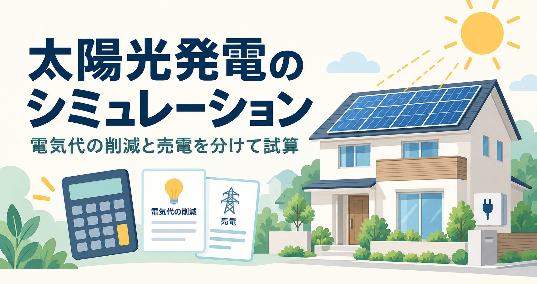太陽光発電の電気代削減と売電収入を分けて試算するイメージ図
